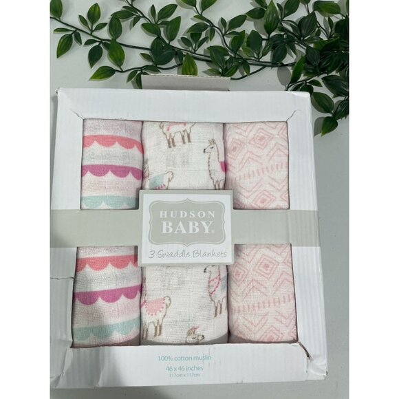 Hudson Baby 3-Pack 100% Cotton Muslin Swaddle Blankets 46"X46" Pink Llama Design - Picture 1 of 4
